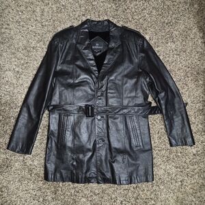 Vtg BERMAN`S Mens Black Leather Belted Coat Zip Removable Faux Fur Lining Sz 42